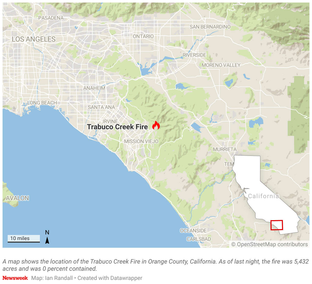 A map shows the location of the Trabuco Creek Fire in Orange County, California.