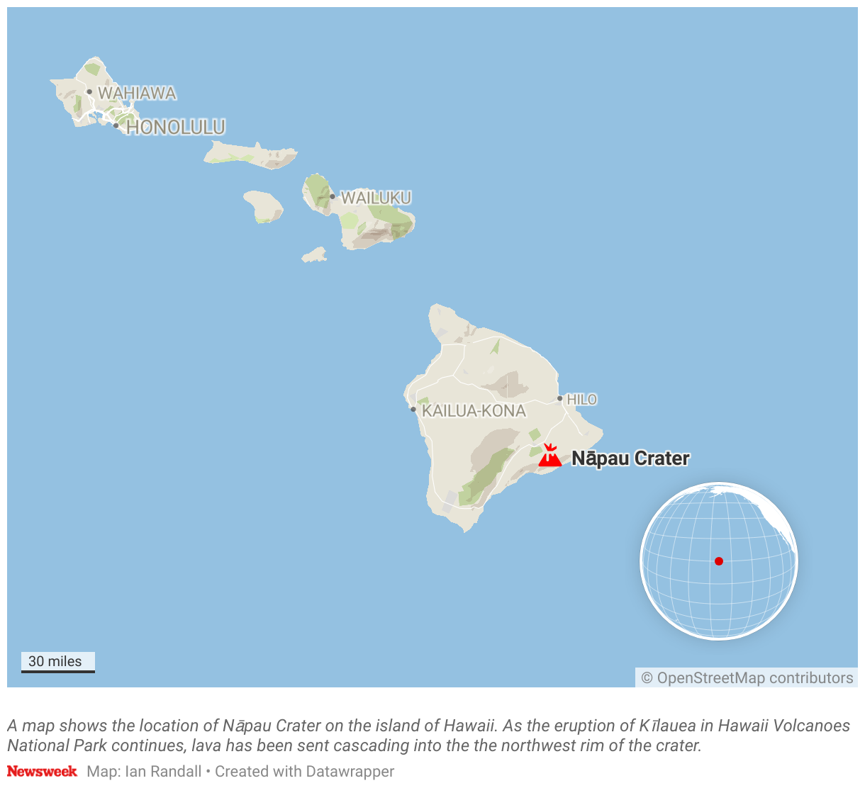 A map shows the location of Nāpau Crater on the island of Hawaii.