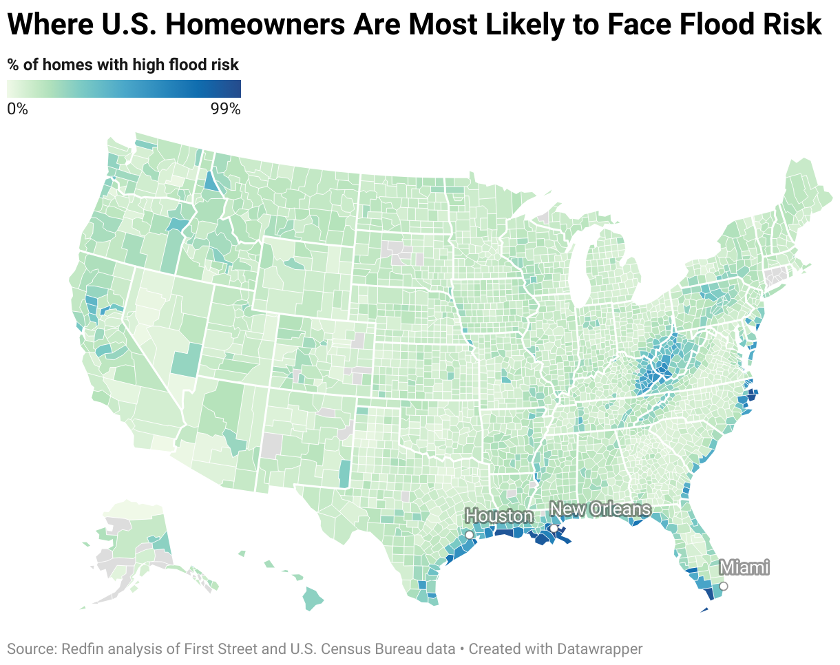 Where U.S. Homeowners Are Most Likely to Face Flood Risk (Choropleth map)