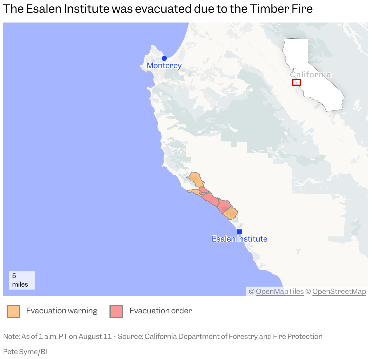 A map of California shows evacuation zones from the Timber fire on August 10, 2026, and their proximity to the Esalen Institute