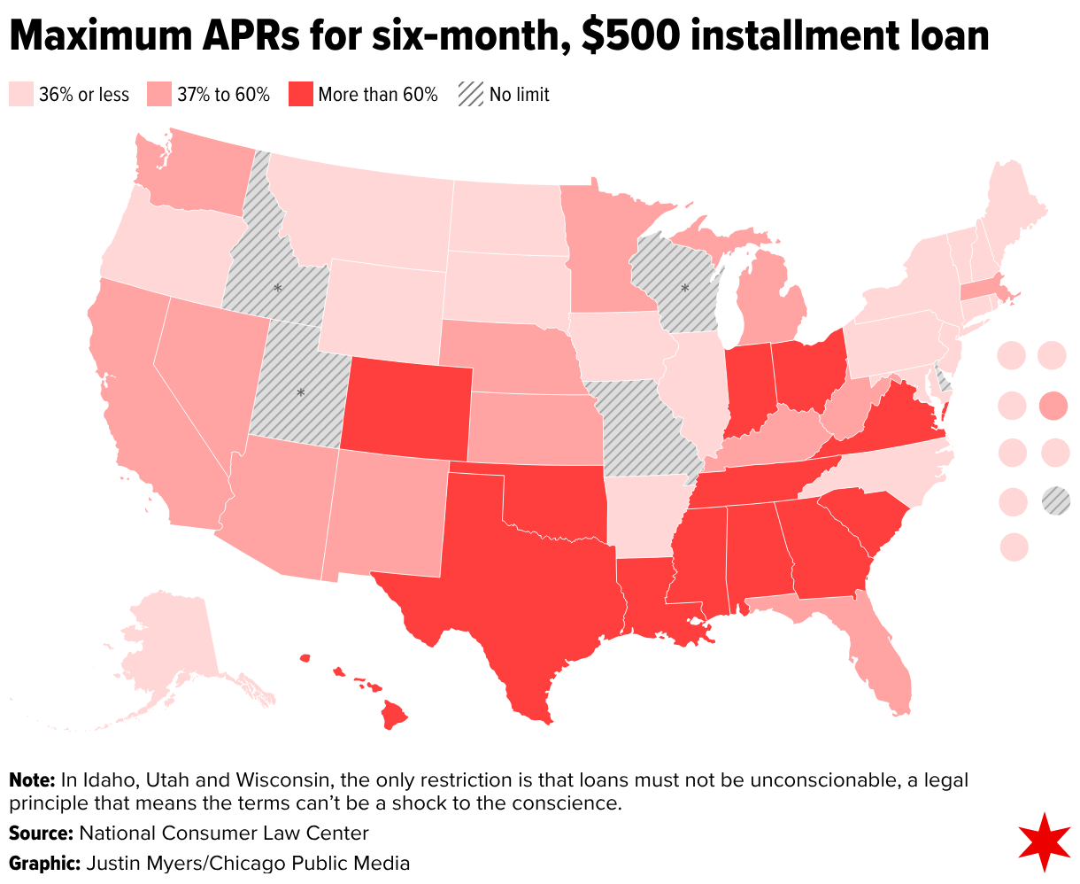 Maximum APRs for six‑month, $500 installment loan (Choropleth map)