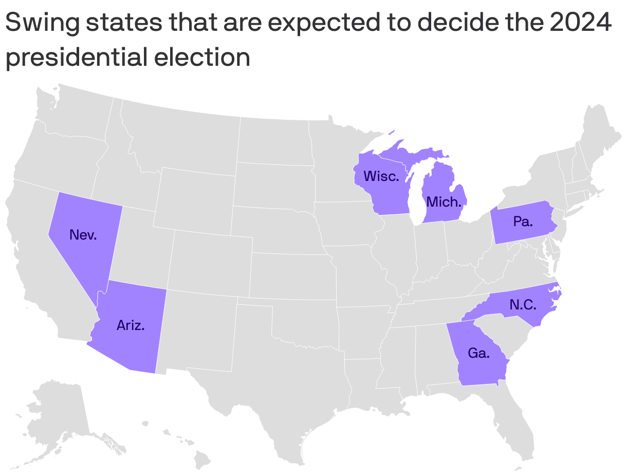 A map shows the swing states that may decide the 2024 presidential election. Nevada, Arizona, Wisconsin, Michigan, Pennsylvania, North Carolina and Georgia are highlighted in purple.