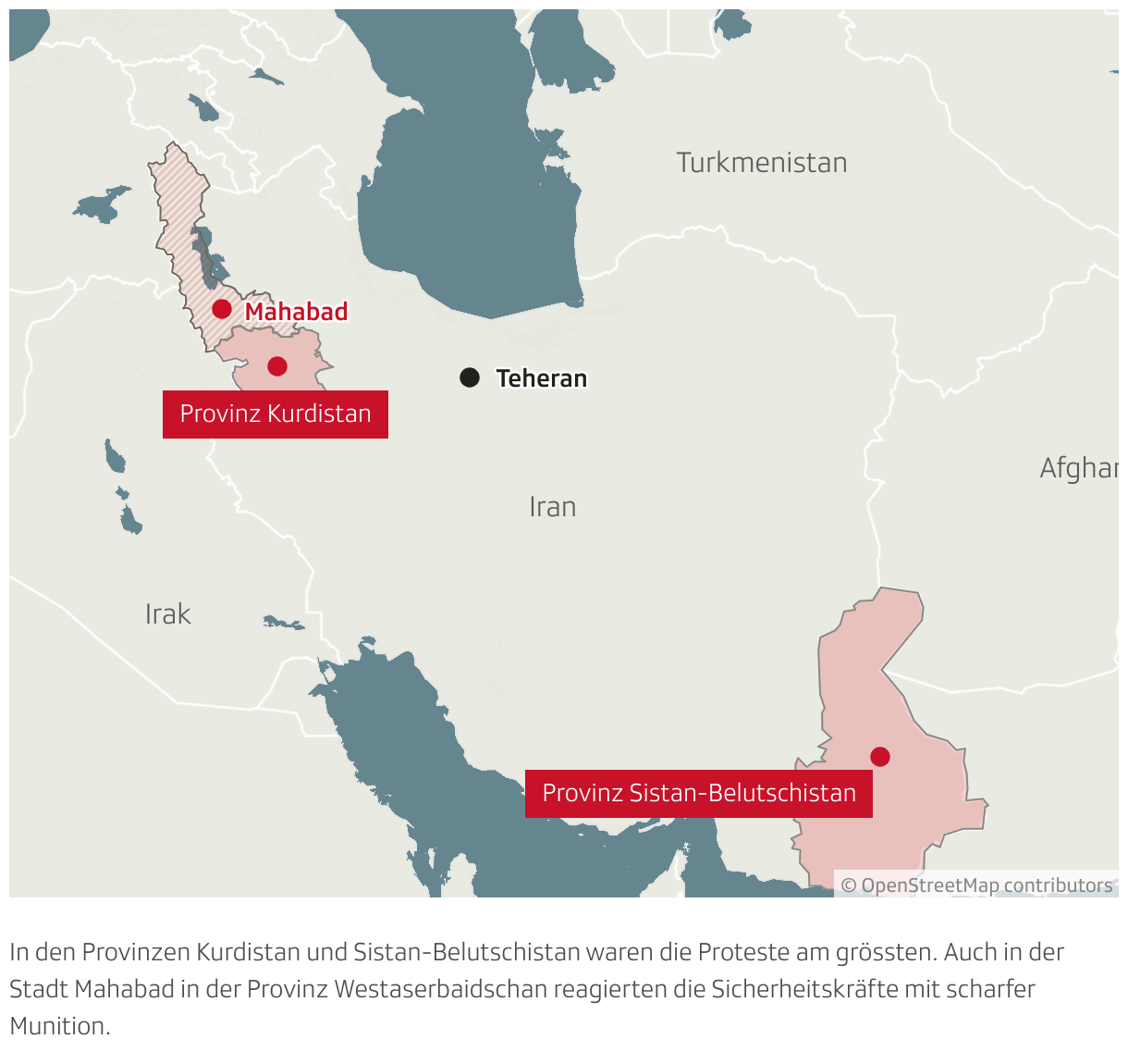 Kurdistan ist im Nordwesten des Landes und Sistan-Belutschistan im Südwesten. In diesen zwei Gebieten waren die Proteste am grössten und die Repression am blutigsten.