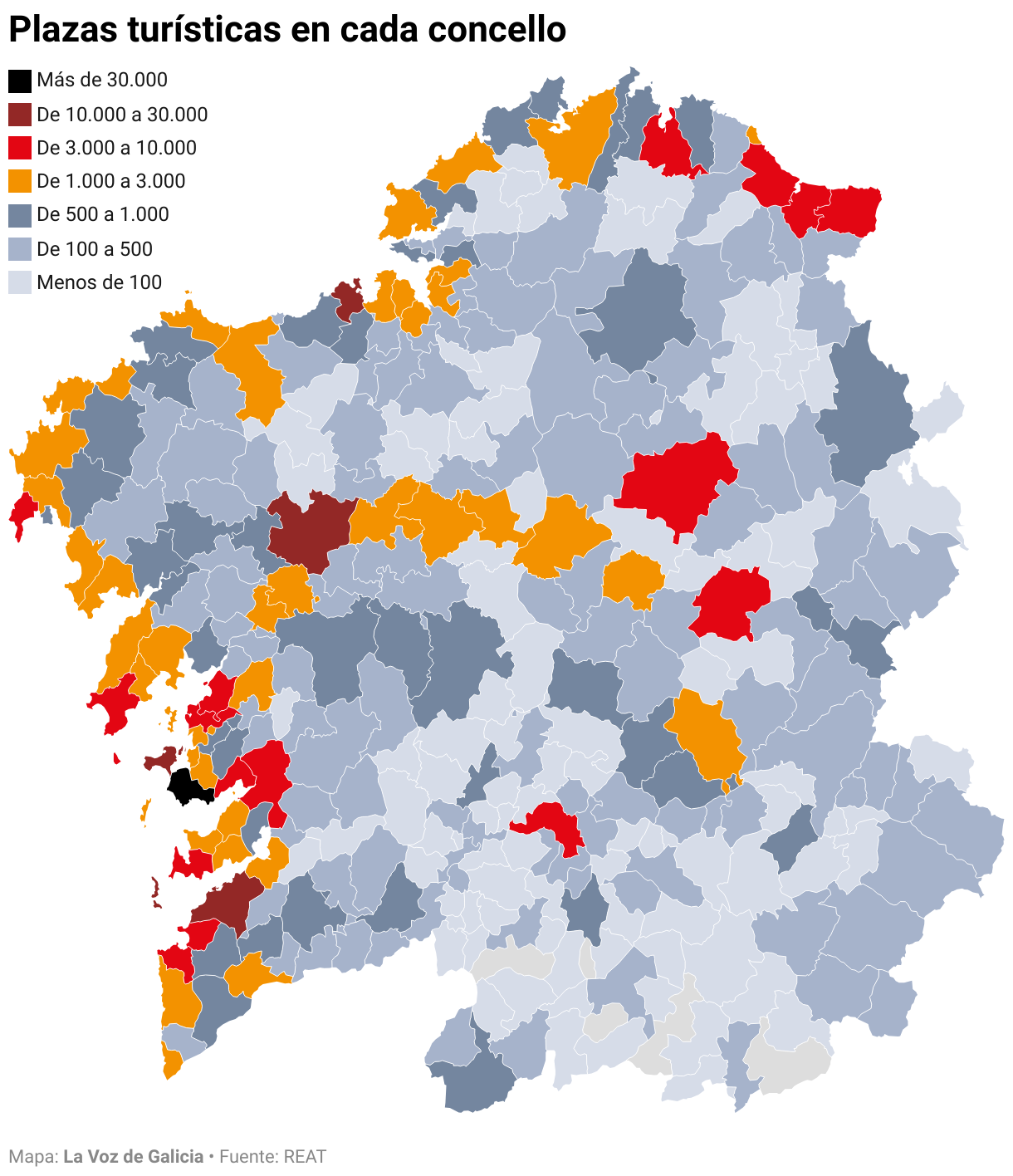 Mapa de Galicia en el que se representan cuntas plazas tursticas hay en cada concello. La costa de las ras baixas concentra la mayor cantidad de establecimientos y, de entre ellos, Sanxenxo es municipio con ms capacidad turstica: ms de 30000 plazas