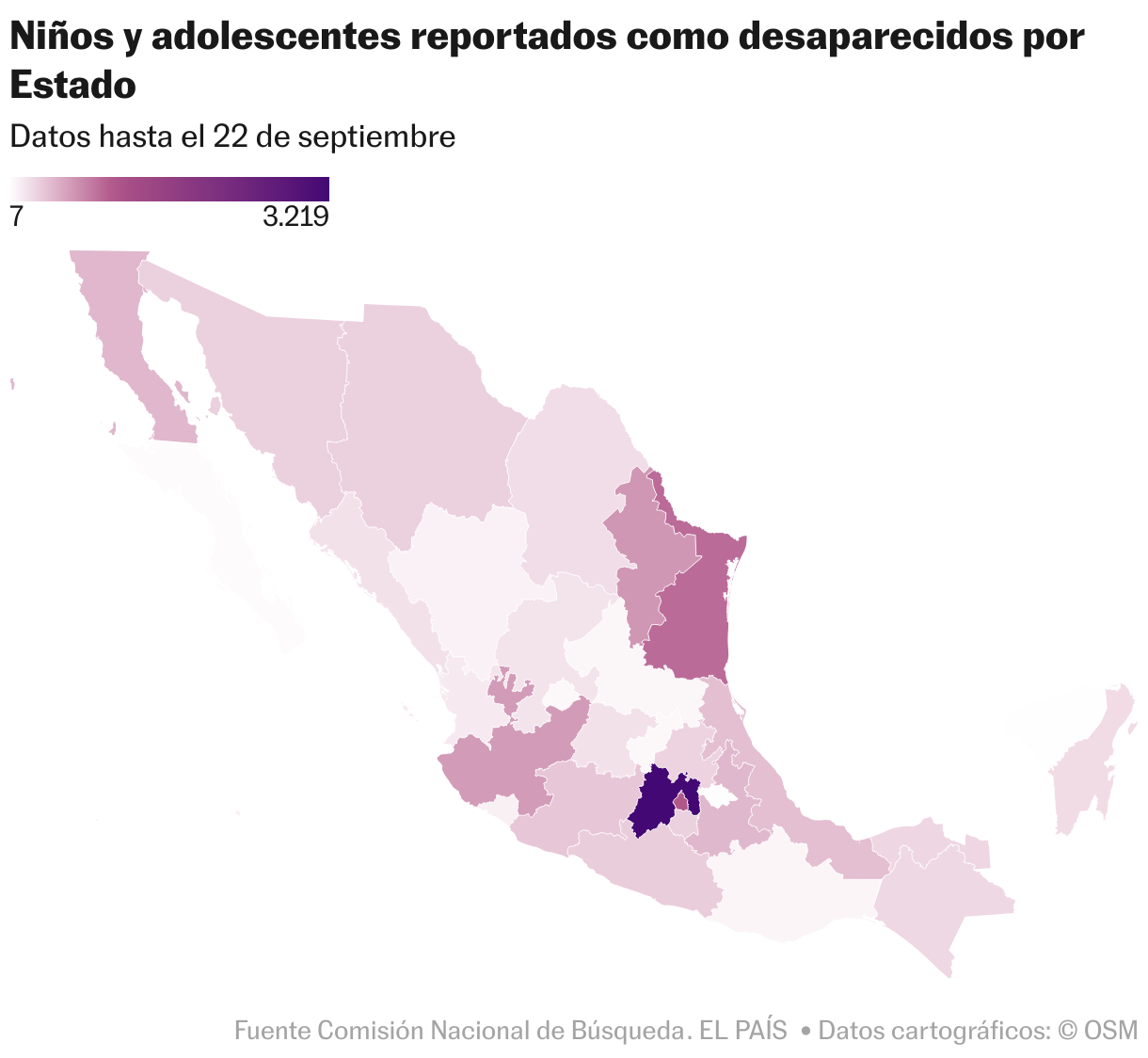 Niños y adolescentes reportados como desaparecidos por Estado (Mapa coroplético)