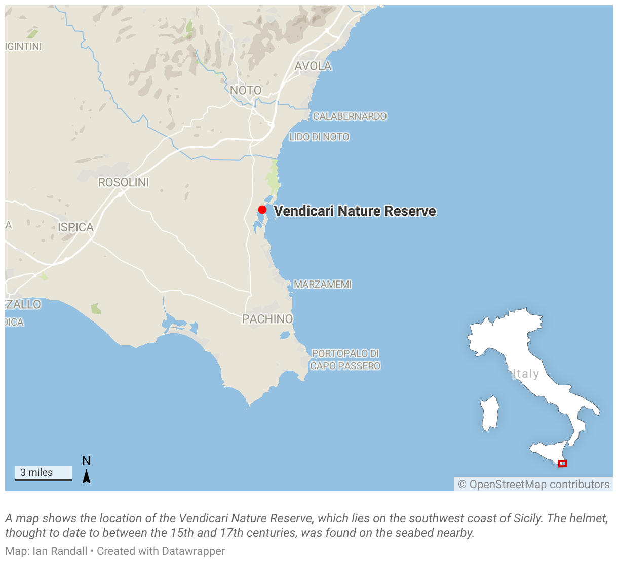 A map shows the location of the Vendicari Nature Reserve, which lies on the southwest coast of Sicily.