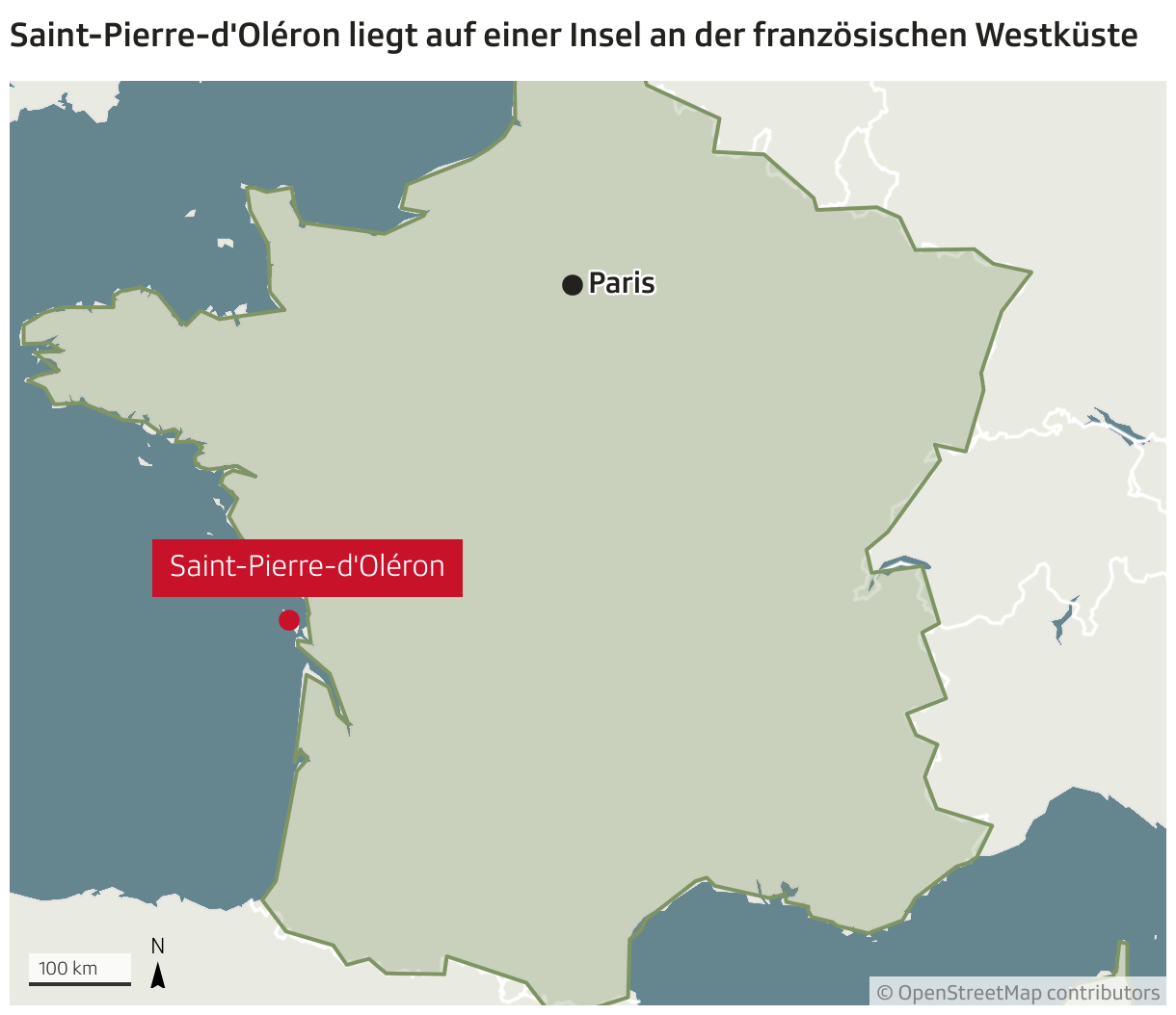 Saint-Pierre-d'Oléron liegt auf einer Insel an der französischen Westküste (Locator-Karte)