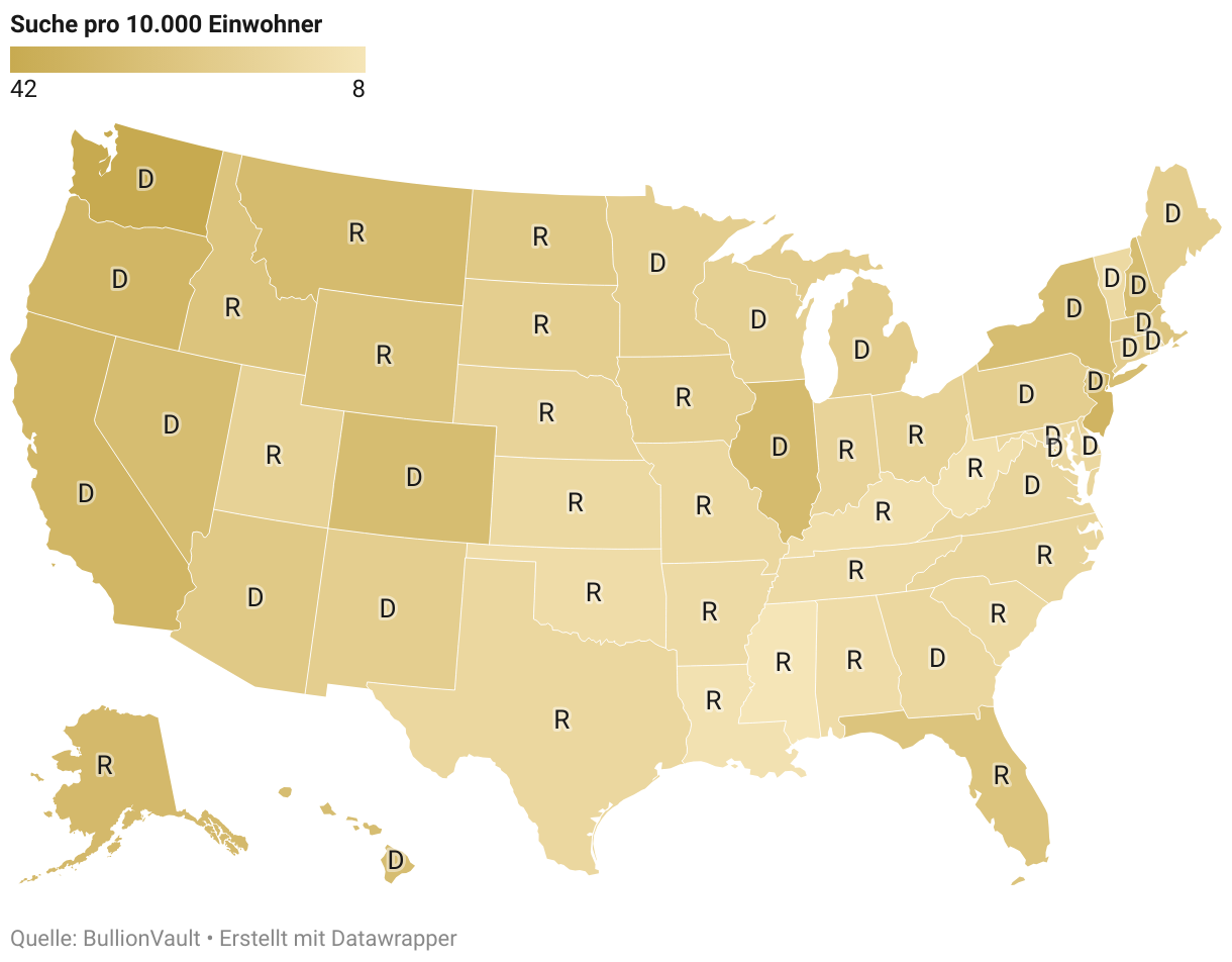 US-Karte mit einer Rangfolge der Suchanfragen zum Thema „Goldpreis“ pro 10.000 Einwohner in den einzelnen Bundesstaaten und einem Vergleich mit den Ergebnissen der US-Wahlen 2020 und den Umfragedaten für die Wahlen 2024.