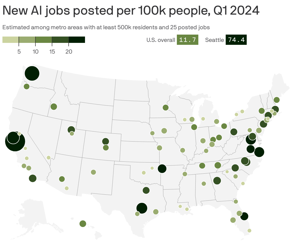 New AI jobs posted per 100k people, Q1 2024