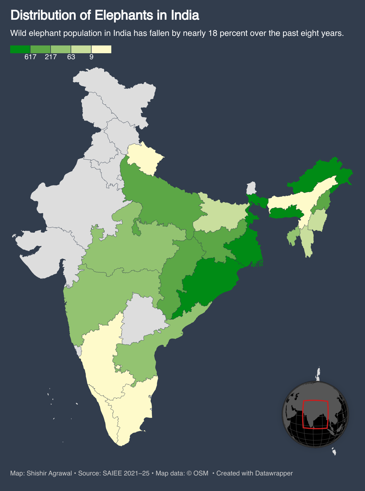 Distribution of Elephants in India (Choropleth map)