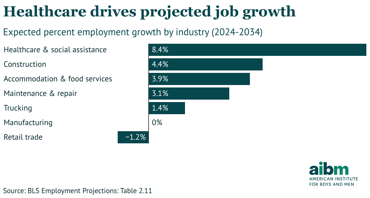 Healthcare &amp; social assistance leads in expected employment growth, at 8.4% from 2024 to 2034.