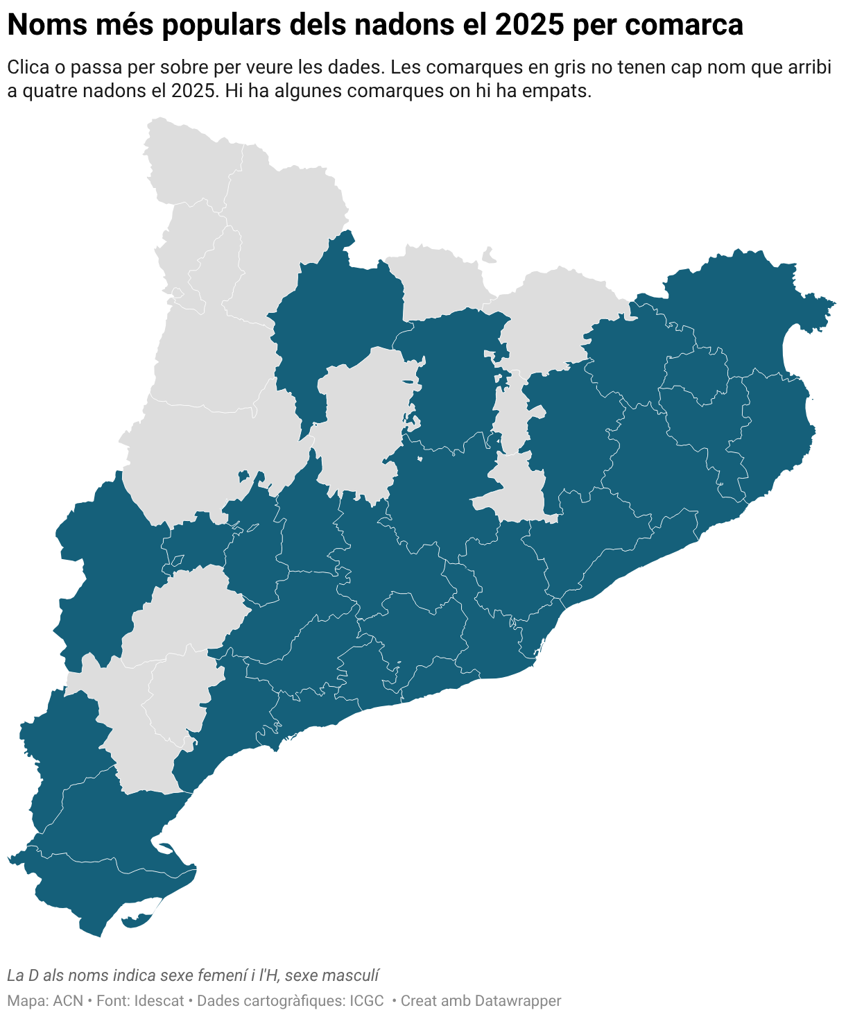 Noms més populars dels nadons el 2025 per comarca (Choropleth map)