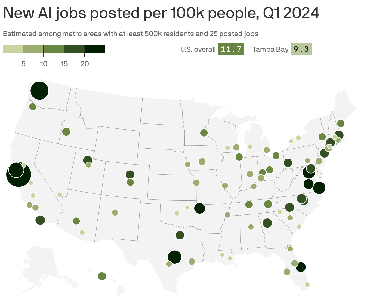 New AI jobs posted per 100k people, Q1 2024