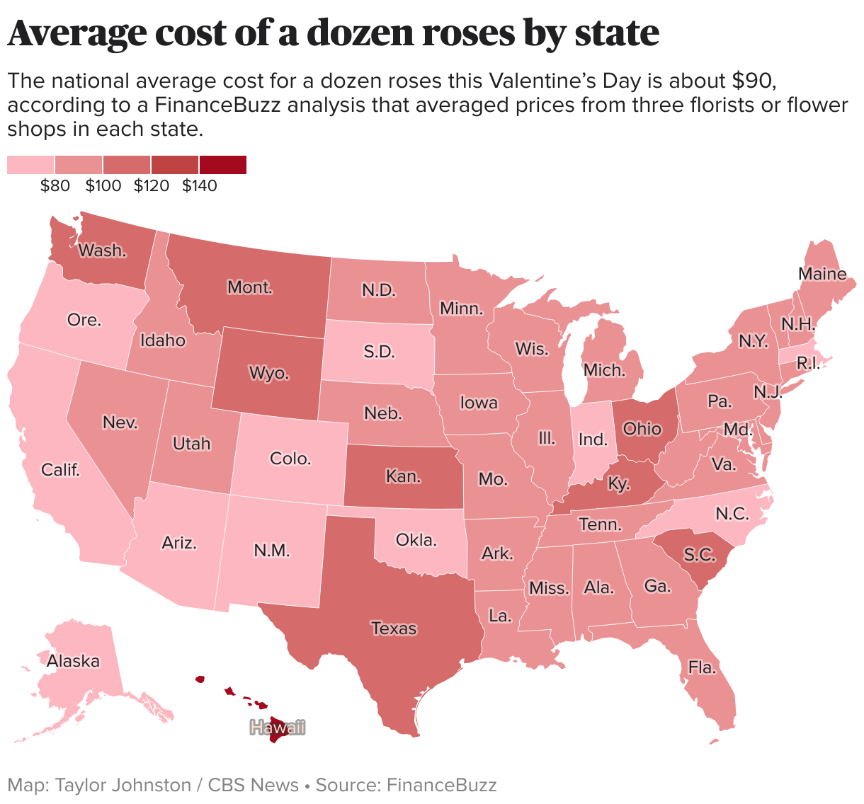 U.S. map showing the average cost of a dozen roses by state, analysis by FinanceBuzz.