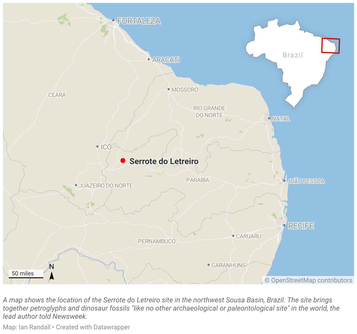 A map shows the location of the Serrote do Letreiro site in the northwest Sousa Basin, Brazil.