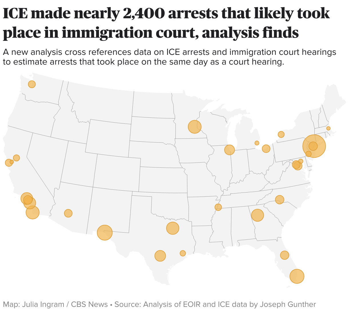 ICE made nearly 2,400 arrests that likely took place in immigration court, analysis finds (Symbol map)