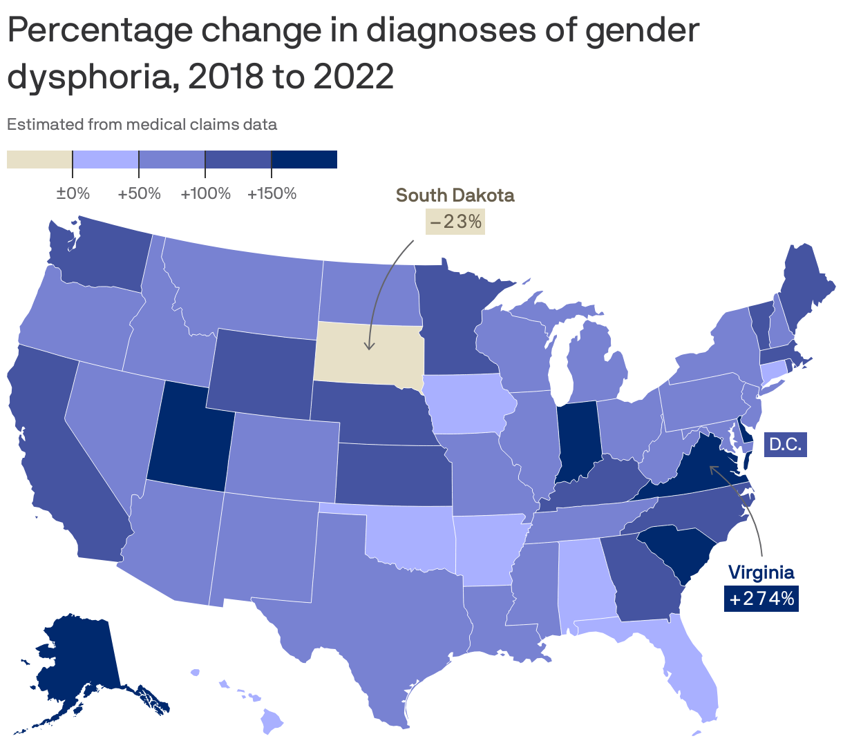 Percentage change in diagnoses of gender dysphoria, 2018 to 2022