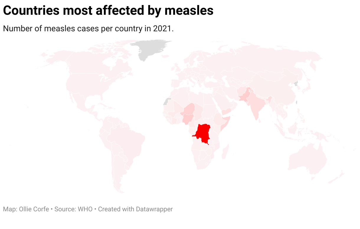 Map of measles infections worldwide.