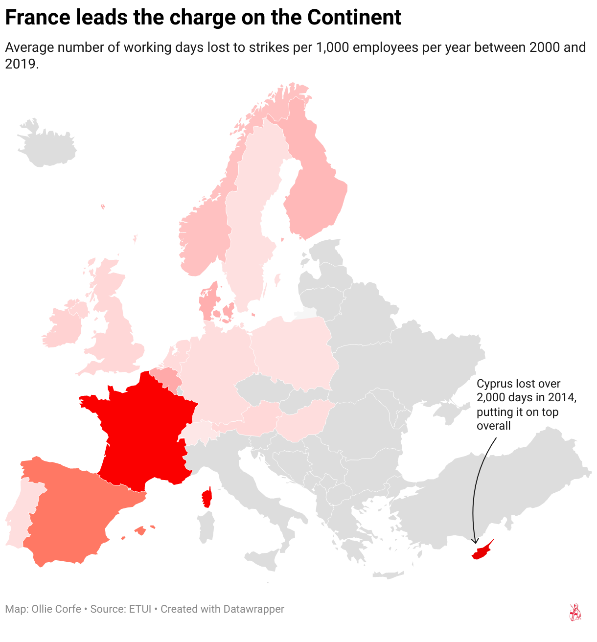 Map of Europe coloured according to how many days were lost to strikes per 1,000 employees.