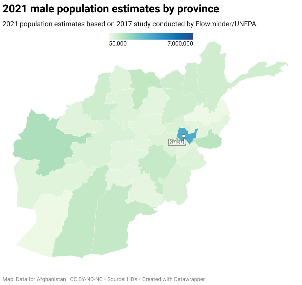 Afghanistan male population estimates by province. 2021 population estimates based on 2017 study conducted by Flowminder/UNFPA.