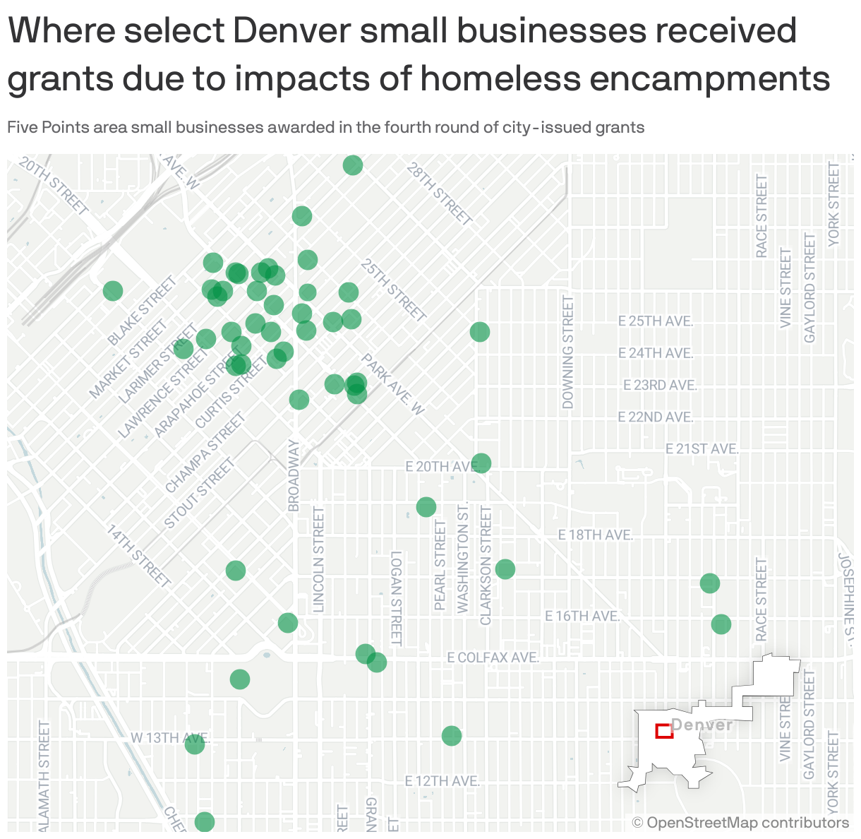 Where select Denver small businesses received grants due to impacts of homeless encampments