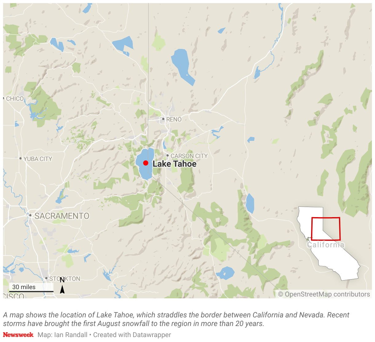 A map shows the location of Lake Tahoe, which straddles the border between California and Nevada.