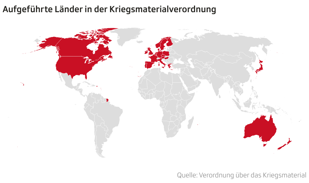 Aufgeführte Länder in der Kriegsmaterialverordnung (Choroplethen-Karte)
