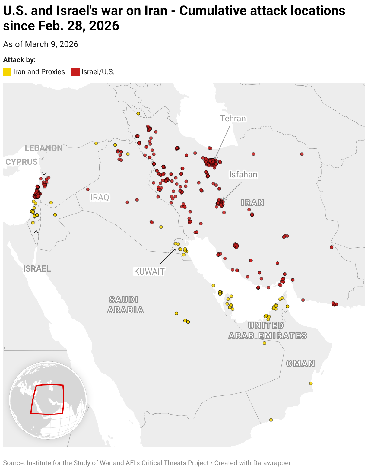 U.S. and Israel's war on Iran - Cumulative attack locations since Feb. 28, 2026 (Symbol map)