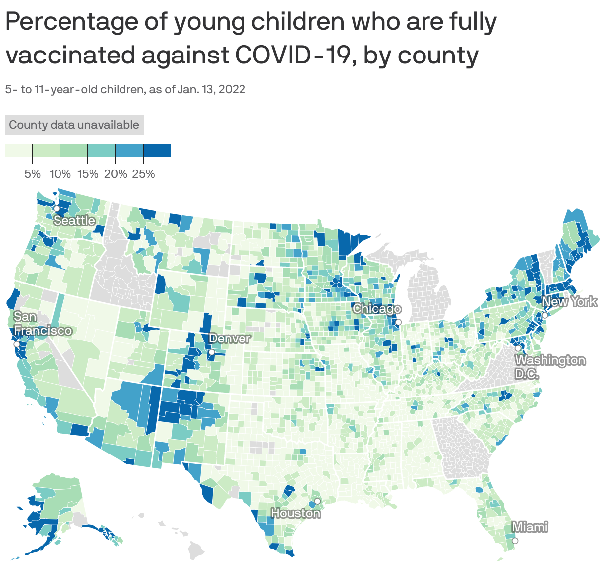 Percentage of young children who are fully vaccinated against COVID-19, by county