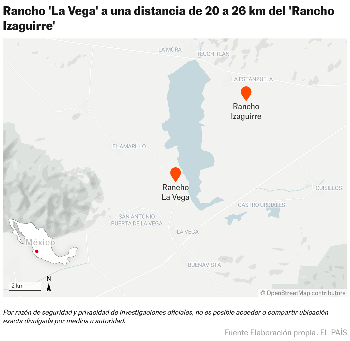 Rancho 'La Vega' a una distancia de 20 a 26 km del 'Rancho Izaguirre' (Mapas de ubicación)