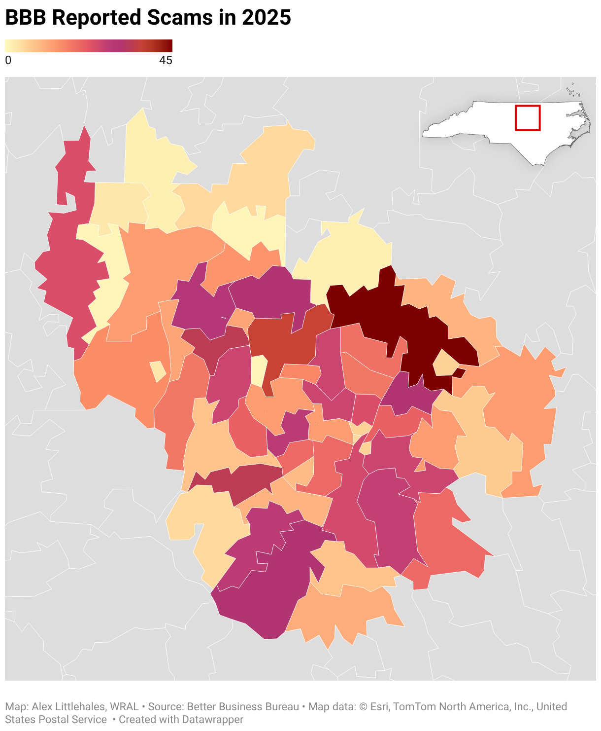 BBB Reported Scams in 2025 (Choropleth map)