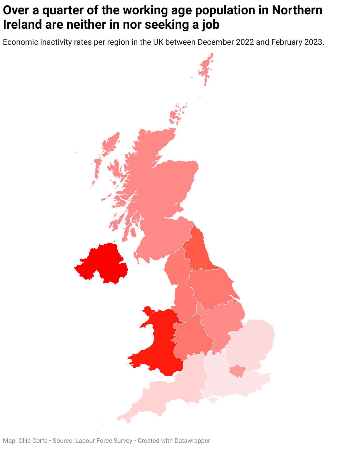 Map of UK regions by economic inactivity rates.