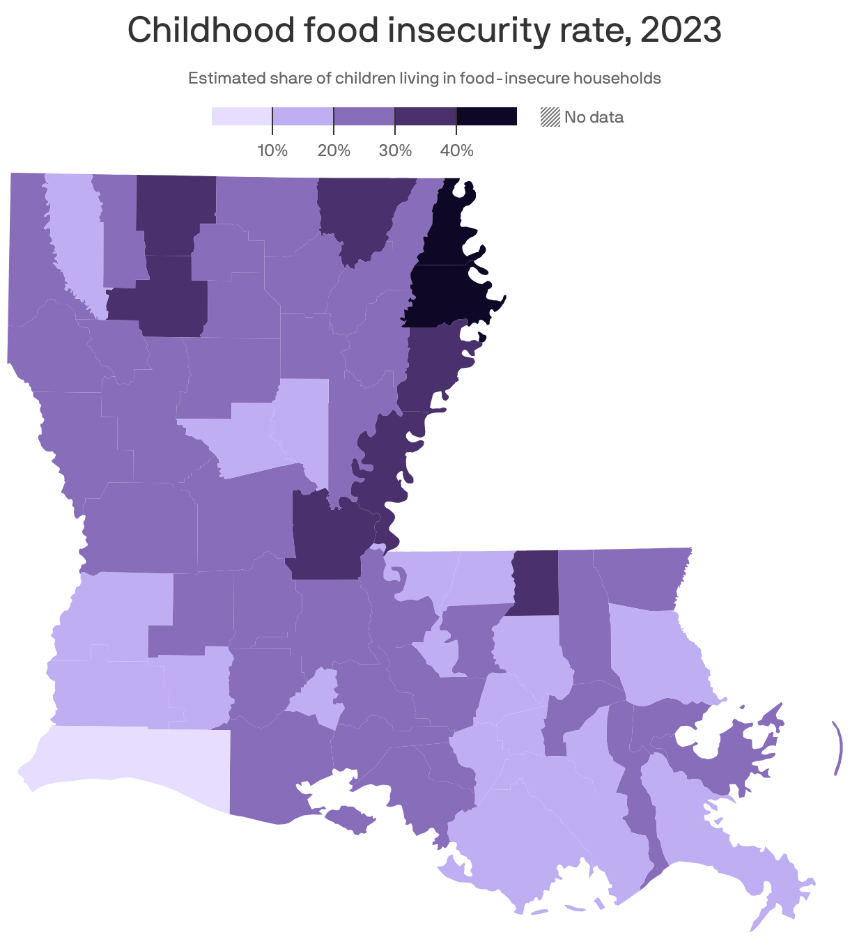 Choropleth map showing the estimated childhood food insecurity rate in Louisiana for 2023. On average, 24% of children living in the state experienced food insecurity. East Carroll Parish, La. had the highest rate at 45%.