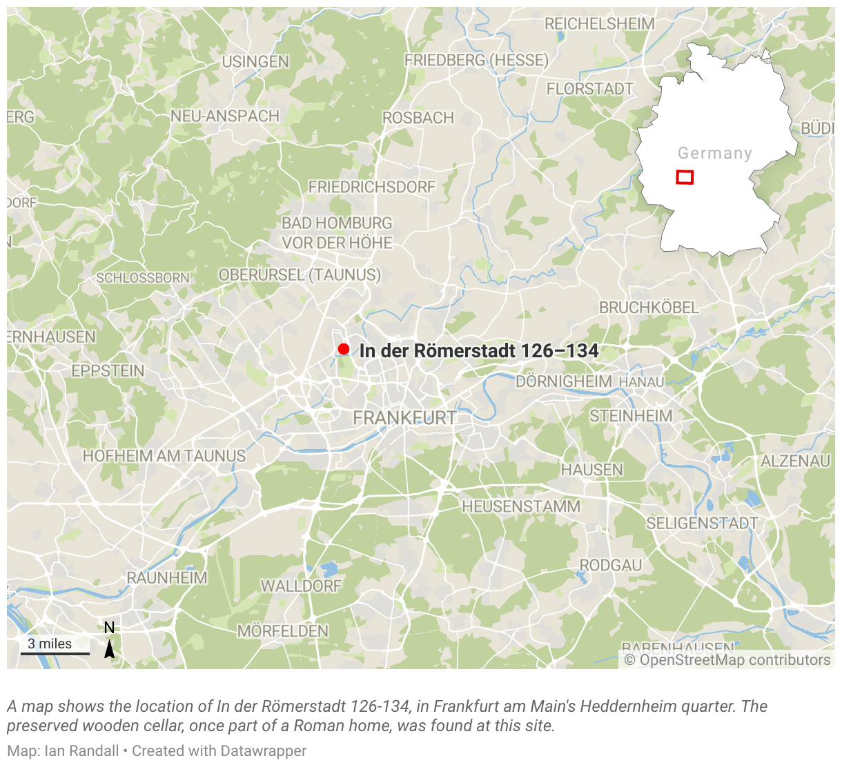 A map shows the location of In der Römerstadt 126-134, in Frankfurt am Main's Heddernheim quarter.