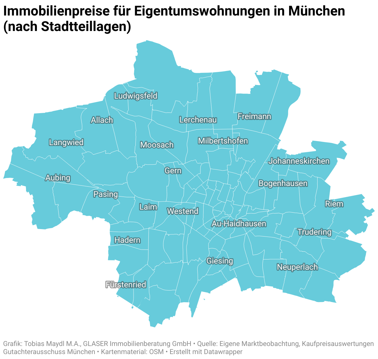 Die interaktive Karte zeigt durchschnittliche Immobilienpreise &amp; Wohnungspreise für die jeweiligen Stadtbezirksteile von München. 