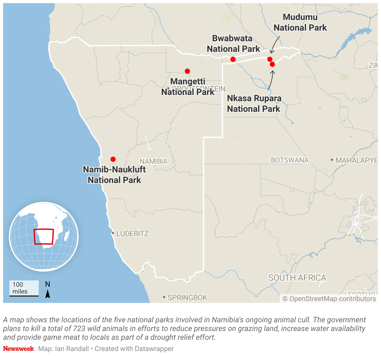 A map shows the locations of the five national parks involved in Namibia's ongoing animal cull.