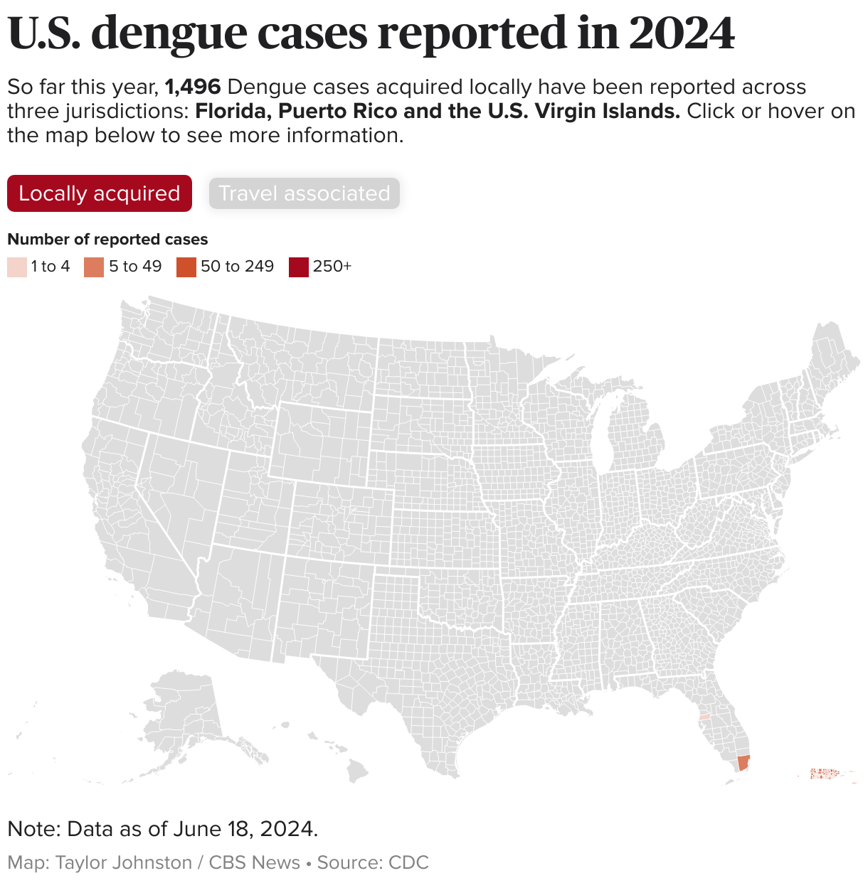 A map of the United States showing where dengue cases have occurred in the country so far in 2024.