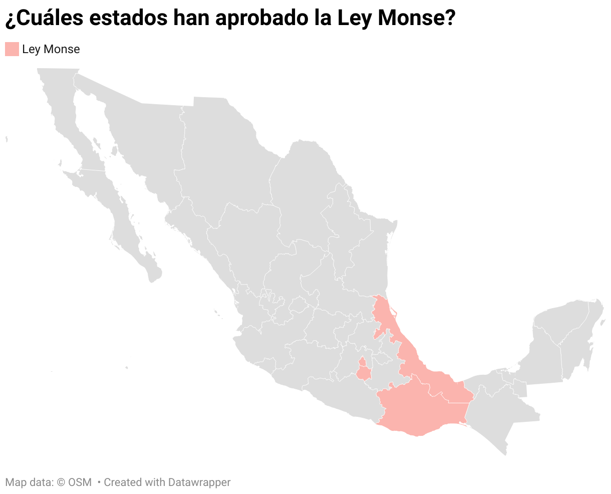 ¿Cuáles estados han aprobado la Ley Monse? (Choropleth map)