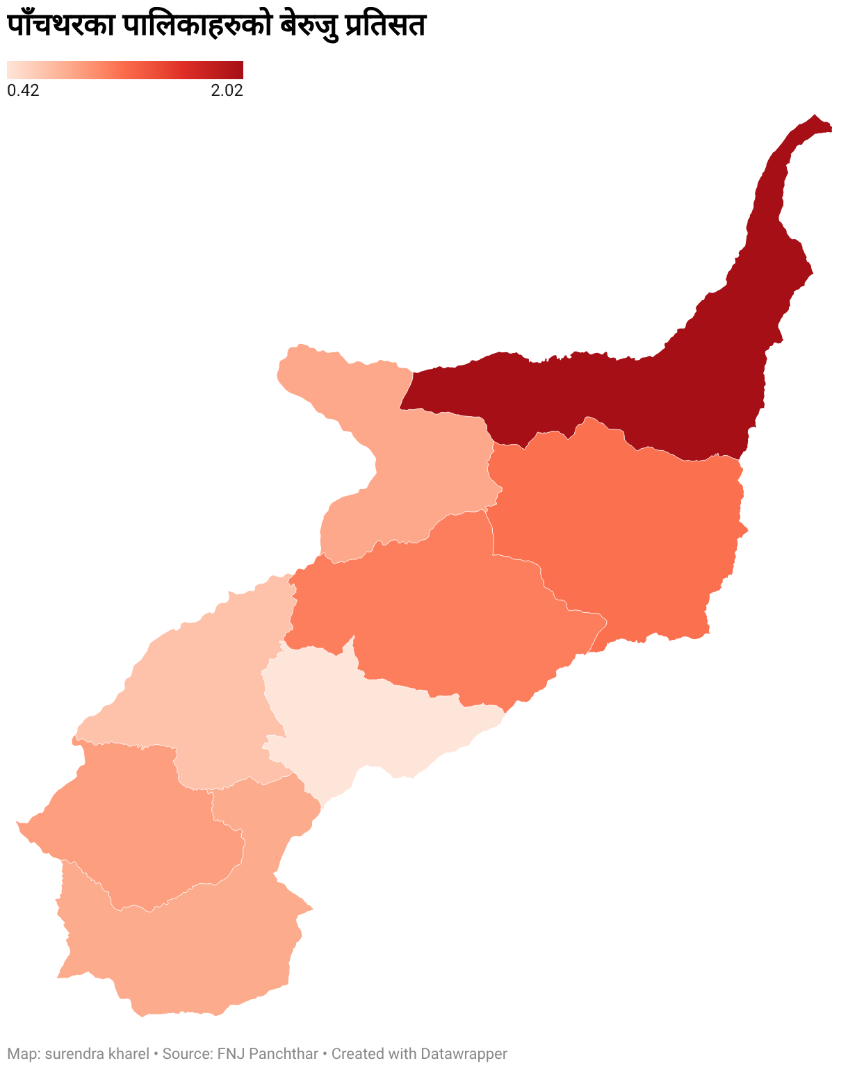 पाँचथरका पालिकाहरुकाे बेरुजु प्रतिसत (Choropleth map)