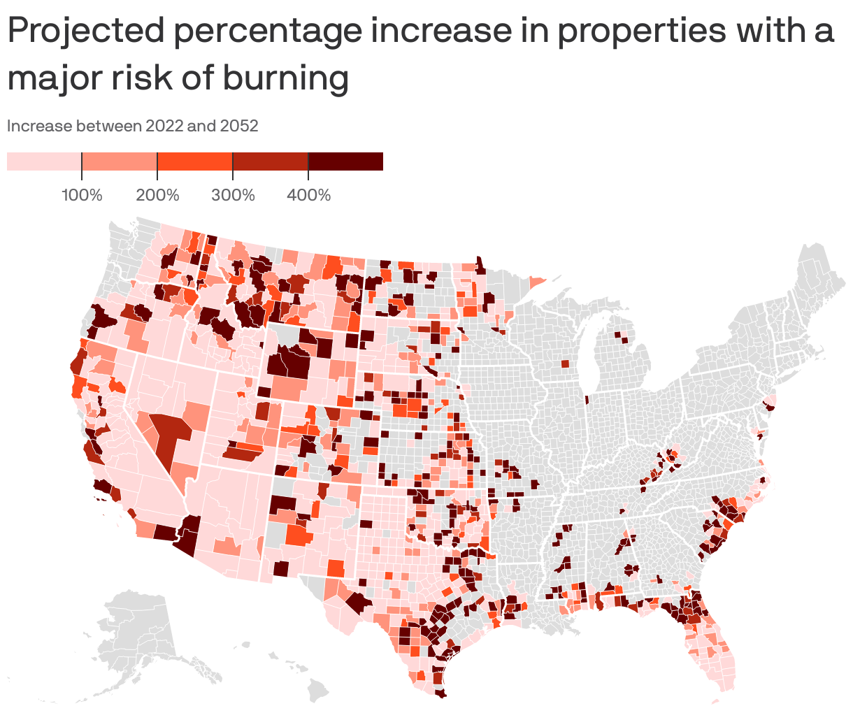 Projected percentage increase in properties with a major risk of burning