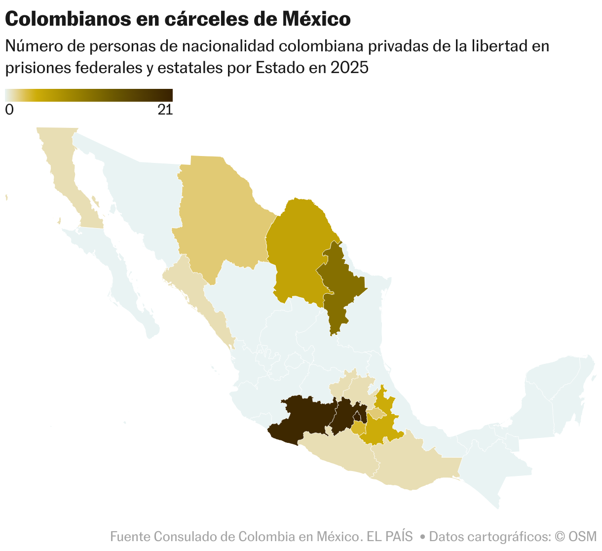 Colombianos en cárceles de México (Mapa coroplético)