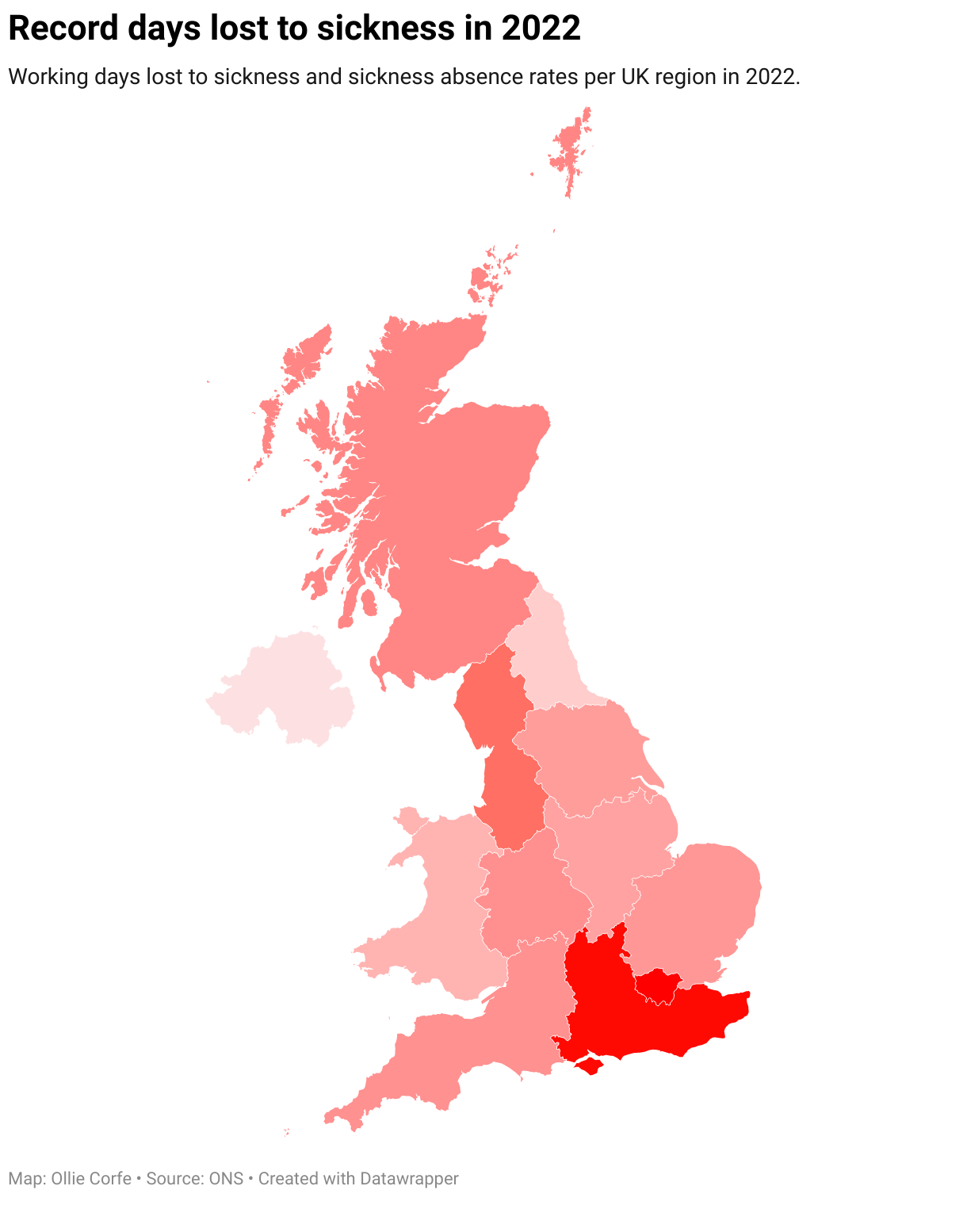 UK map of sickness rates and working days lost to sickness last year.