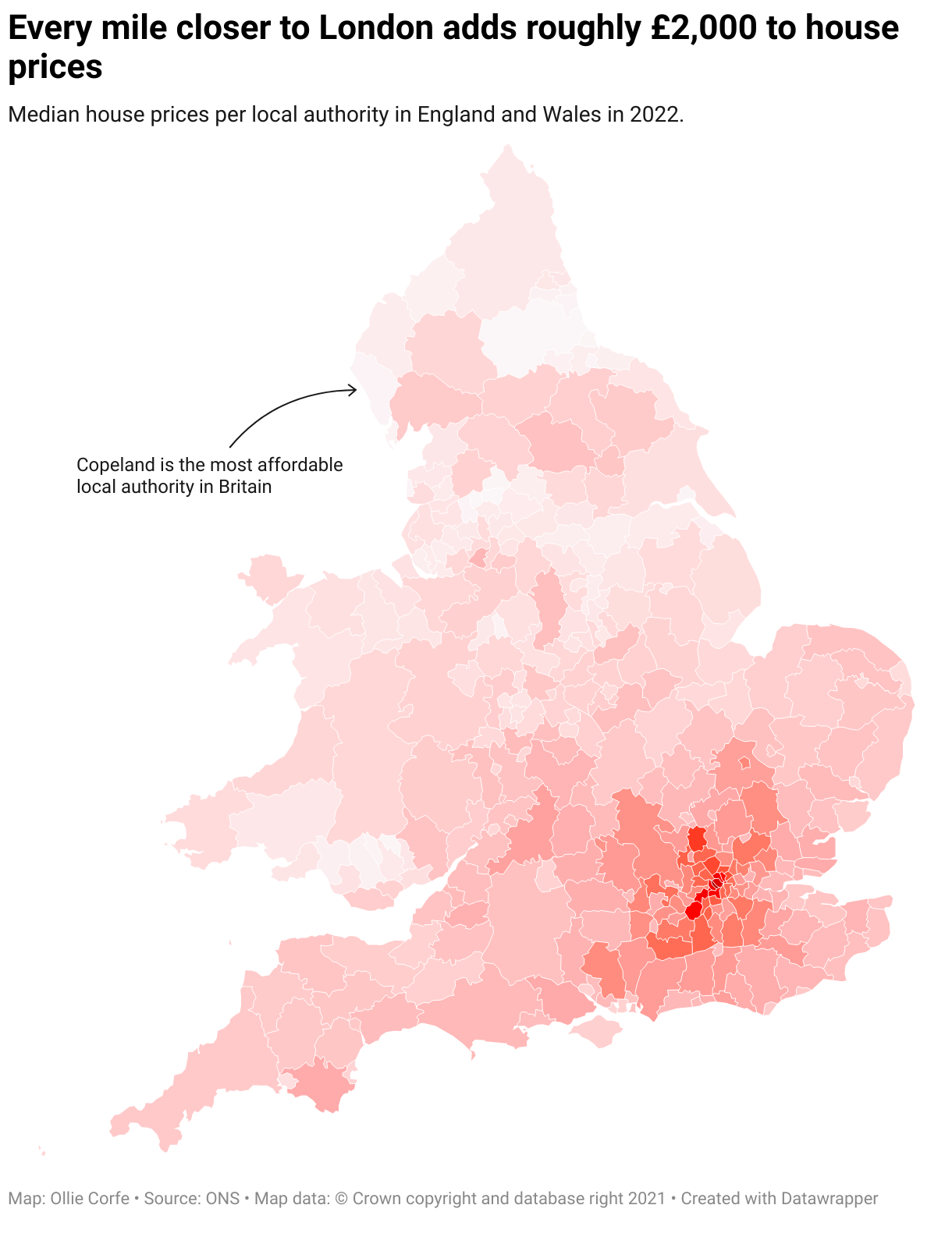 Median house prices per local authority in Britain.