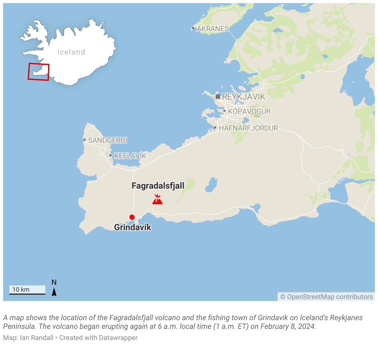 A map shows the location of the Fagradalsfjall volcano and the fishing town of Grindavik on Iceland's Reykjanes Peninsula.