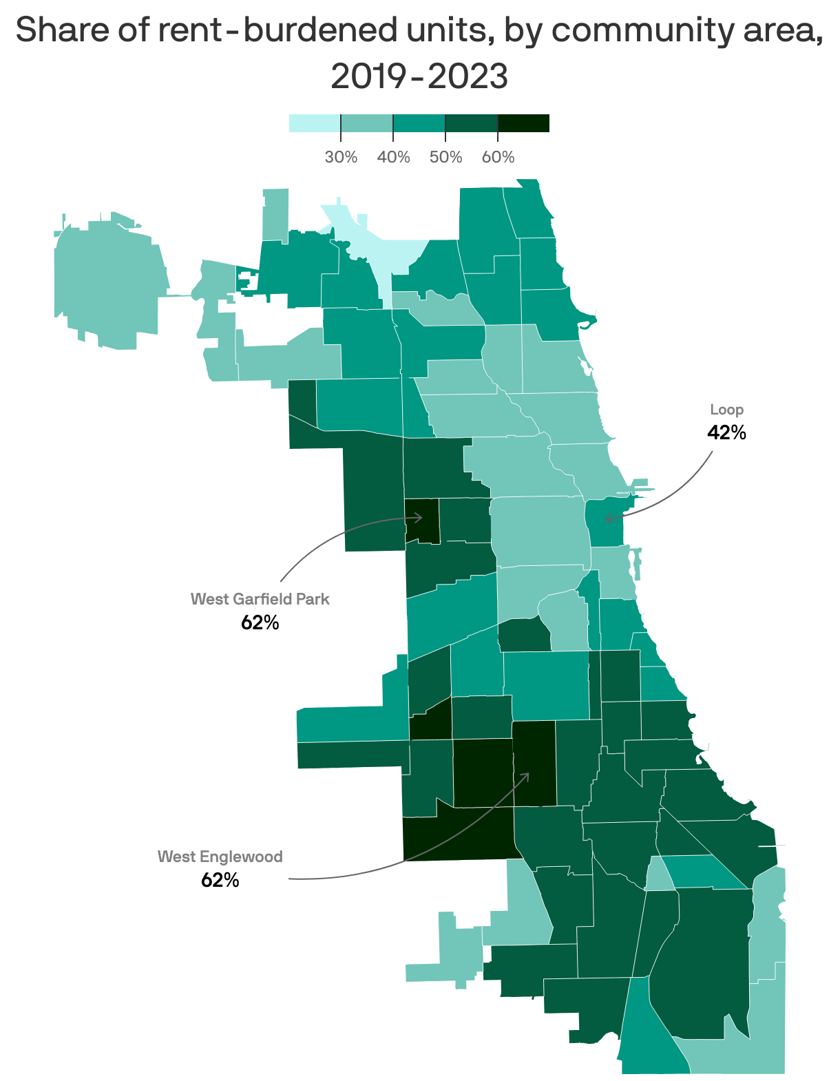 A map of Chicago shows the share of rent-burdened units by neighborhood. Ashburn, Chicago Lawn, West Garfield Park, West Englewood and West Elsdon all have shares above 60%. Forest Glen is the only neighborhood under 30%.