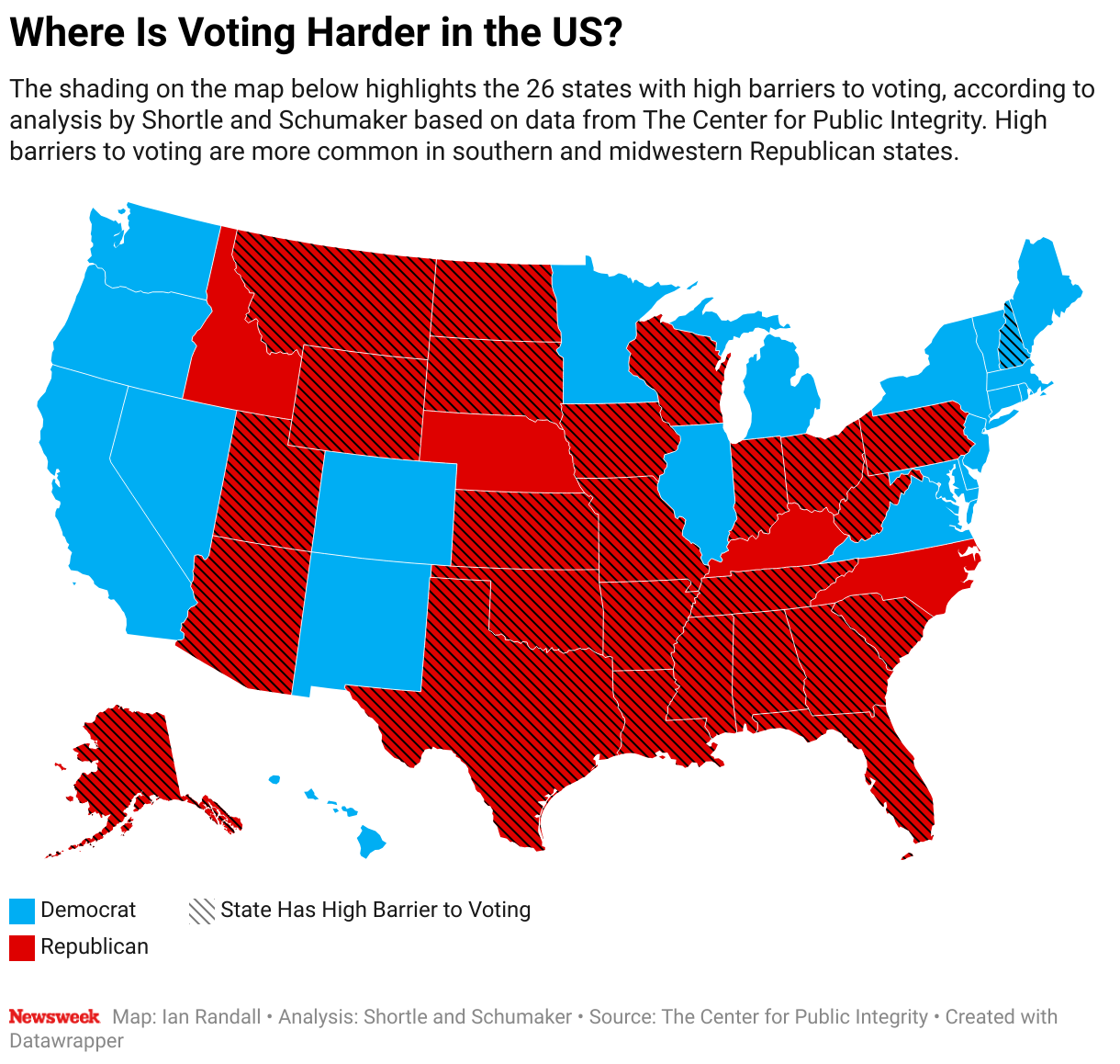 A map shows where voting is harder in the U.S., according to researchers.