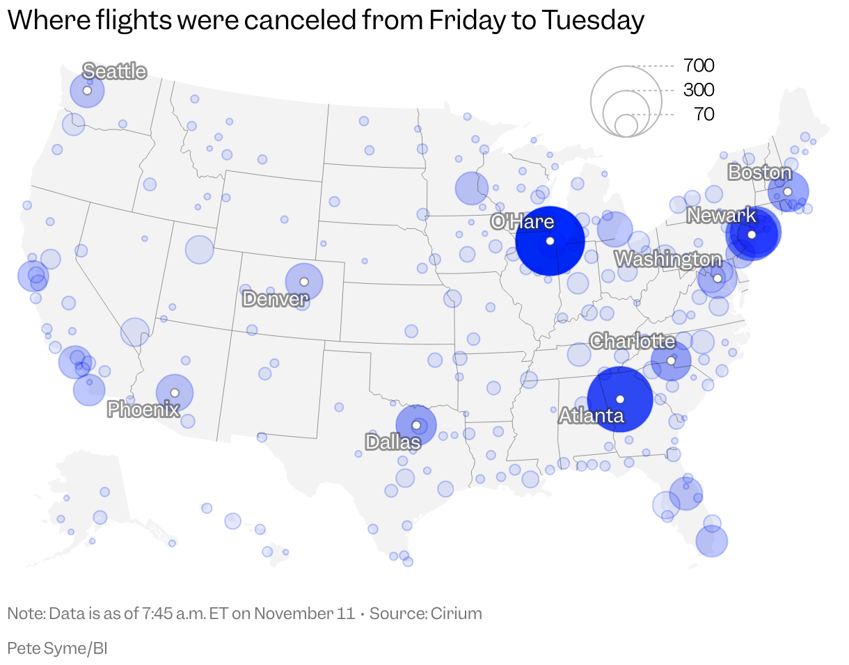 A map of the US with airports represented by bubbles of varying size and color depending on how many flights were canceled between Friday 7 November and Tuesday 11 November