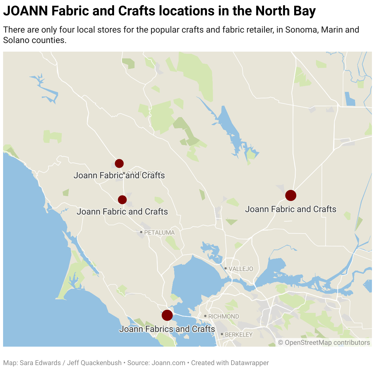 A map showing the two JOANN Fabric and Crafts locations in the North Bay using two maroon dots.
