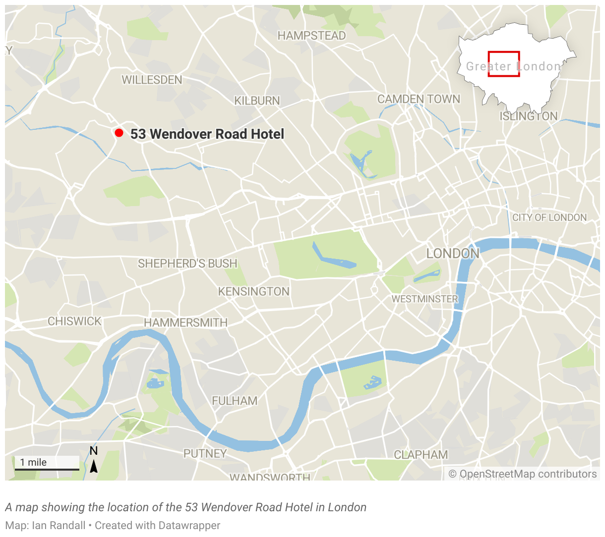 A map showing the location of the 53 Wendover Road Hotel in London