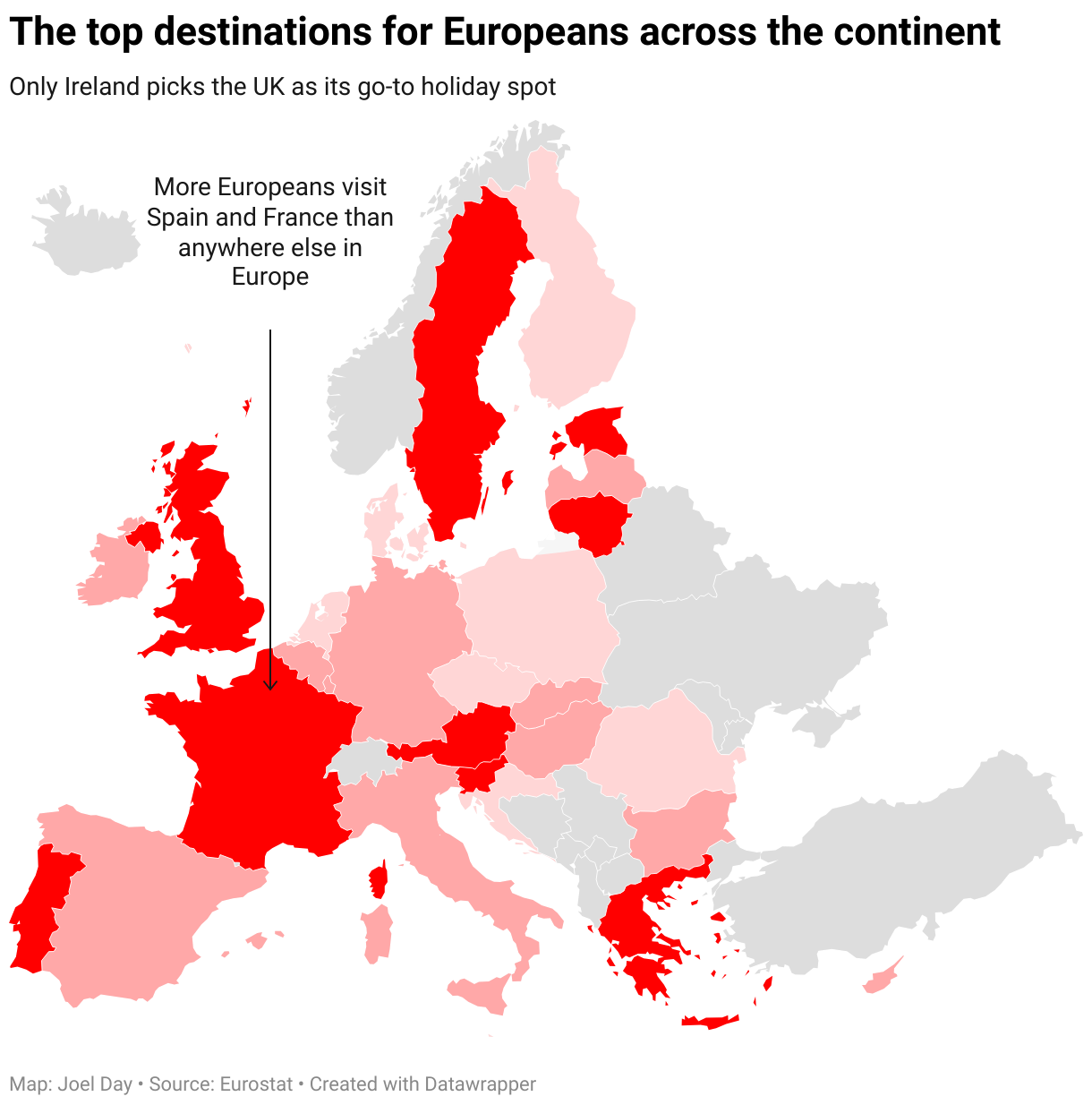 A map of Europe showing which countries Europeans prefer to go on holiday.
